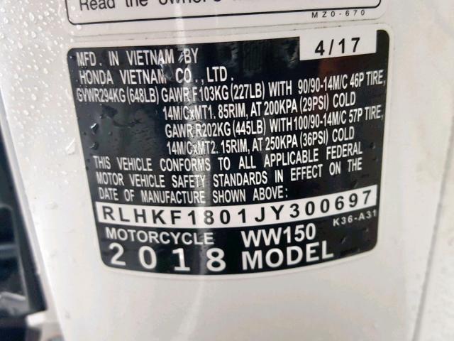 RLHKF1801JY300697 - 2018 HONDA PCX 150 WHITE photo 10