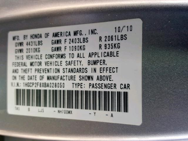 1HGCP2F8XBA028050 - 2011 HONDA ACCORD EXL SILVER photo 10