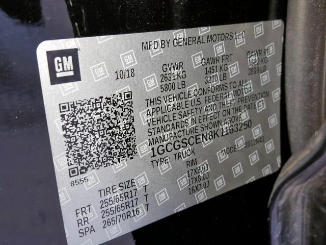 1GCGSCEN8K1163250 - 2019 CHEVROLET COLORADO L BLACK photo 10