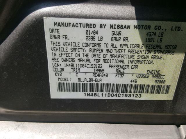 1N4BL11D04C193123 - 2004 NISSAN ALTIMA SE GRAY photo 10