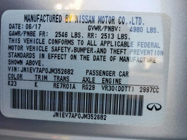 JN1EV7AP0JM352682 - 2018 INFINITI Q50 LUXE SILVER photo 10