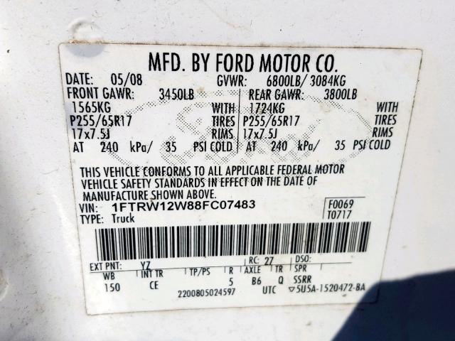 1FTRW12W88FC07483 - 2008 FORD F150 SUPER WHITE photo 10