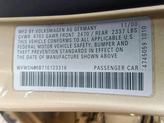 WVWSH63B71E123316 - 2001 VOLKSWAGEN PASSAT GLS GOLD photo 10