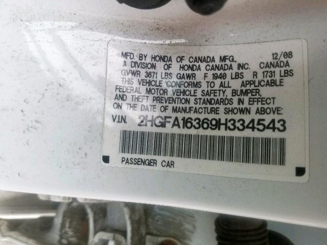 2HGFA16369H334543 - 2009 HONDA CIVIC VP WHITE photo 10