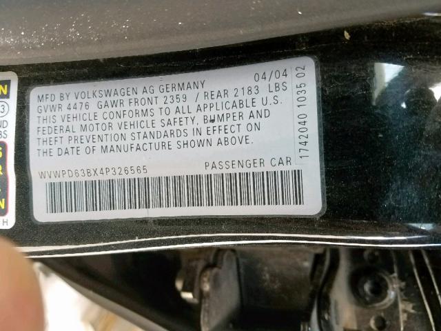 WVWPD63BX4P326565 - 2004 VOLKSWAGEN PASSAT GLS BLACK photo 10