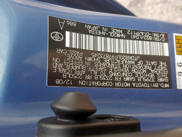 JTDKB20U197873245 - 2009 TOYOTA PRIUS BLUE photo 10