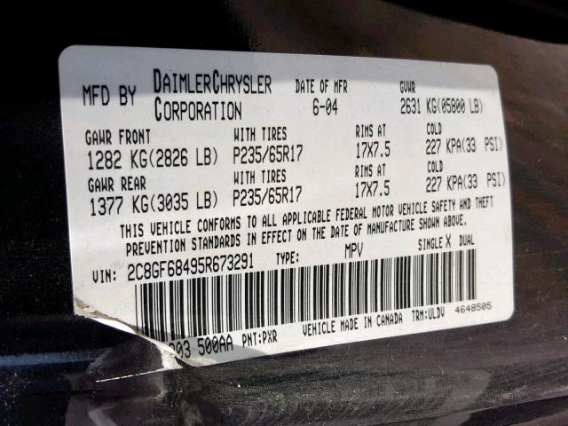 2C8GF68495R673291 - 2005 CHRYSLER PACIFICA T BLACK photo 10