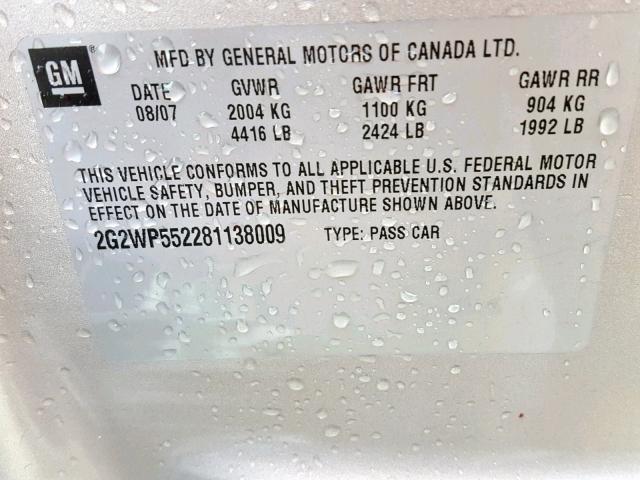 2G2WP552281138009 - 2008 PONTIAC GRAND PRIX SILVER photo 10