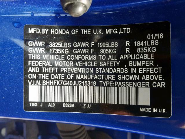 SHHFK7G40JU215319 - 2018 HONDA CIVIC SPOR BLUE photo 10