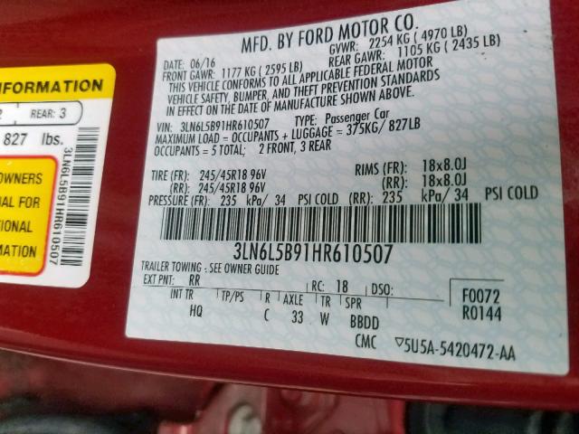 3LN6L5B91HR610507 - 2017 LINCOLN MKZ PREMIE BURGUNDY photo 10