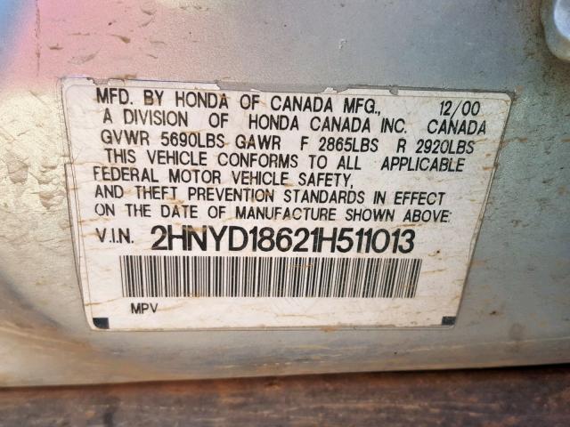 2HNYD18621H511013 - 2001 ACURA MDX TOURIN GRAY photo 10