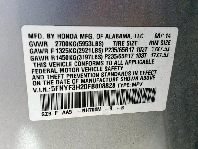 5FNYF3H20FB008828 - 2015 HONDA PILOT LX SILVER photo 10