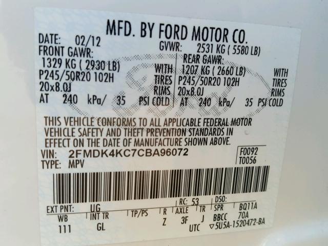 2FMDK4KC7CBA96072 - 2012 FORD EDGE LIMIT WHITE photo 10