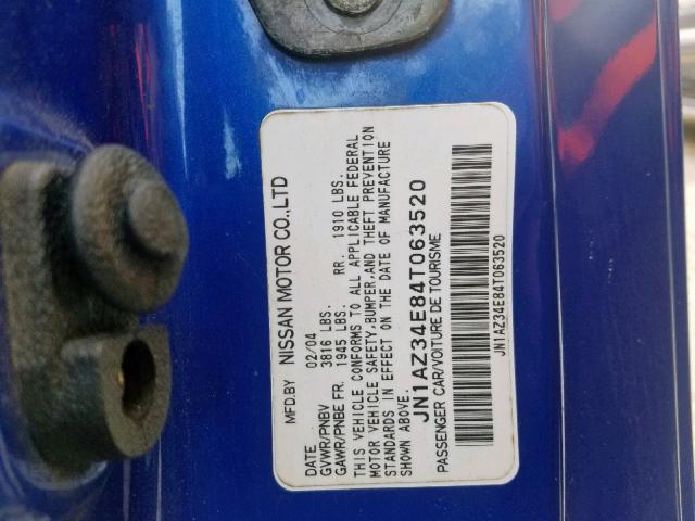 JN1AZ34E84T063520 - 2004 NISSAN 350Z COUPE BLUE photo 10