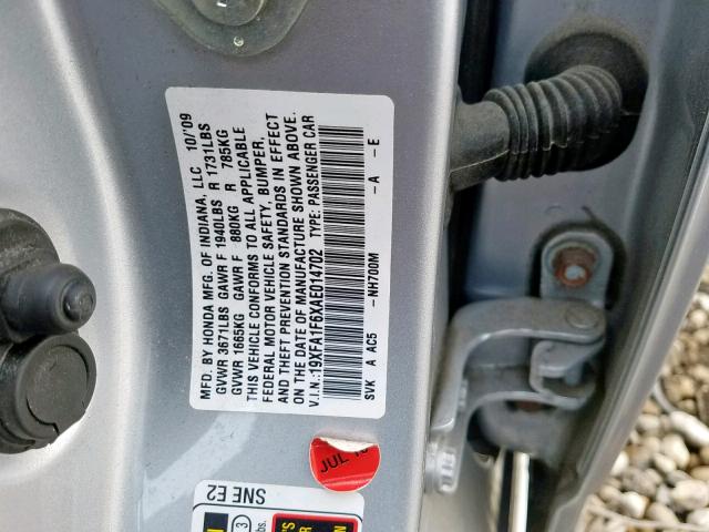 19XFA1F6XAE014702 - 2010 HONDA CIVIC LX-S Gümüş foto 10