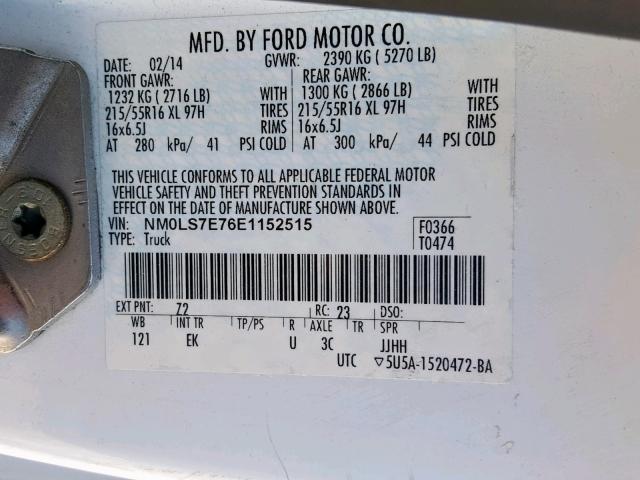 NM0LS7E76E1152515 - 2014 FORD TRANSIT CO WHITE photo 10