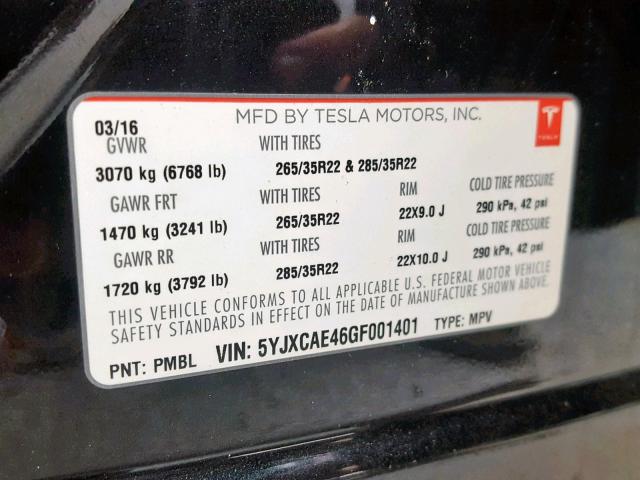 5YJXCAE46GF001401 - 2016 TESLA MODEL X BLACK photo 10