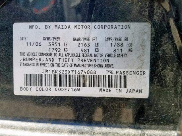 JM1BK323X71674088 - 2007 MAZDA 3 S BLACK photo 10