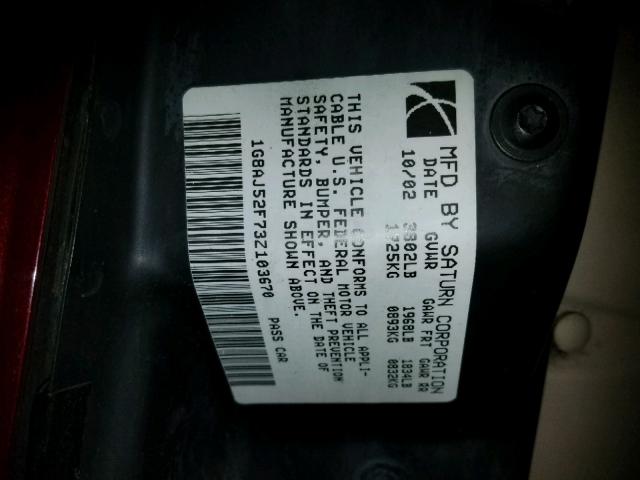1G8AJ52F73Z103670 - 2003 SATURN ION LEVEL BURGUNDY photo 10