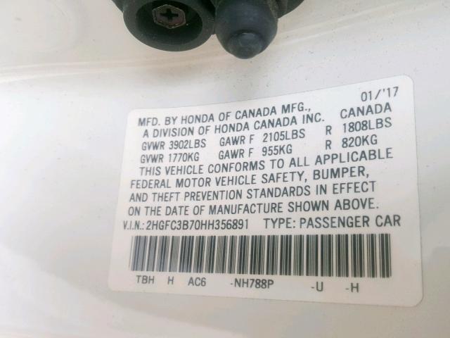 2HGFC3B70HH356891 - 2017 HONDA CIVIC EXL Ağ foto 10