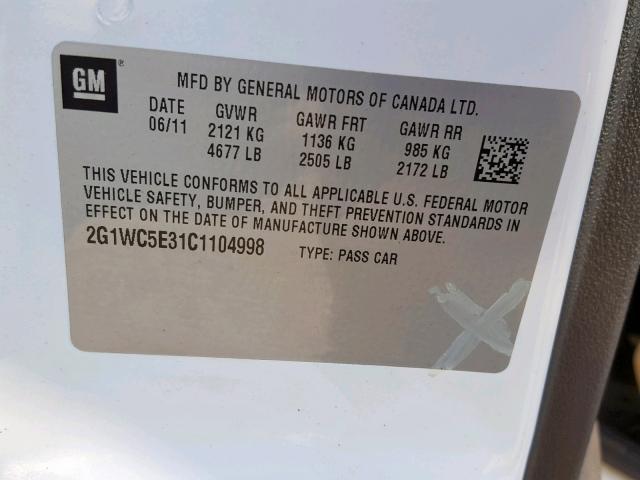 2G1WC5E31C1104998 - 2012 CHEVROLET IMPALA LTZ WHITE photo 10