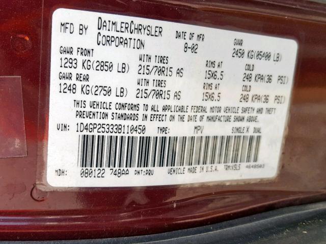 1D4GP25333B110450 - 2003 DODGE CARAVAN SE MAROON photo 10