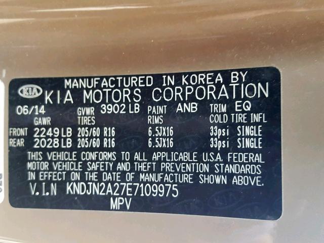 KNDJN2A27E7109975 - 2014 KIA SOUL TAN photo 10