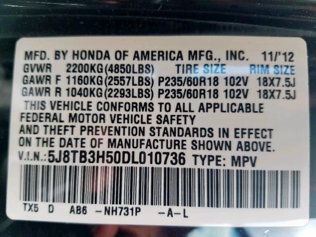 5J8TB3H50DL010736 - 2013 ACURA RDX TECHNO BLACK photo 10