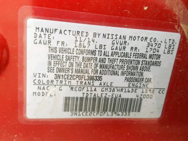 3N1CE2CP0FL396335 - 2015 NISSAN VERSA NOTE RED photo 10