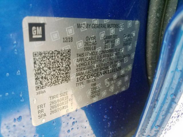 1GCGSCEN4K1191529 - 2019 CHEVROLET COLORADO L BLUE photo 10