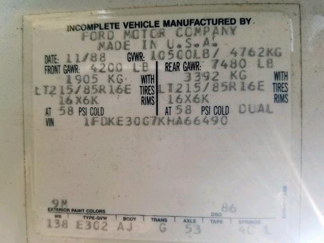 1FDKE30G7KHA66490 - 1989 CHIN MOTORHOME WHITE photo 10