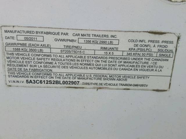 5A3C612S2BL002907 - 2011 UTILITY TRAILER WHITE photo 10