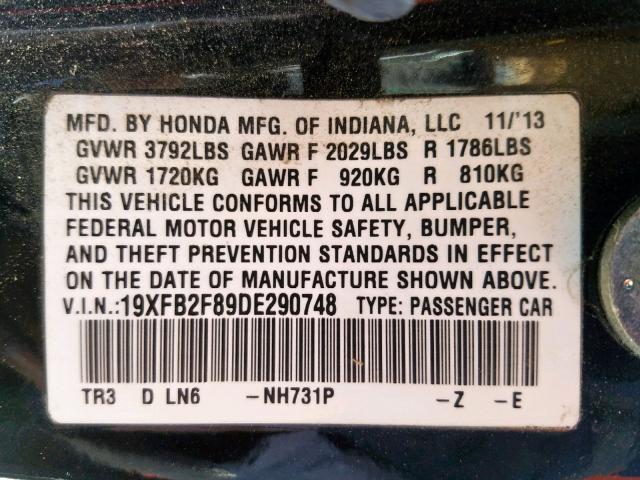 19XFB2F89DE290748 - 2013 HONDA CIVIC EX BLACK photo 10