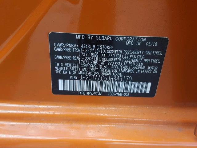 JF2GTAAC5JH343170 - 2018 SUBARU CROSSTREK ORANGE photo 10