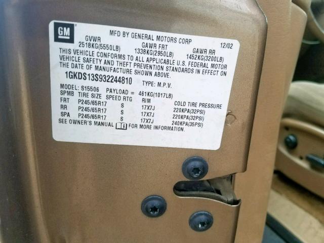 1GKDS13S932244810 - 2003 GMC ENVOY TAN photo 10