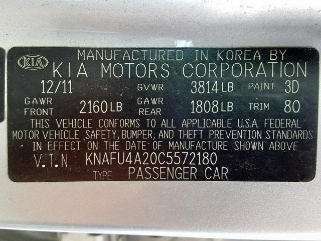 KNAFU4A20C5572180 - 2012 KIA FORTE EX WHITE photo 10