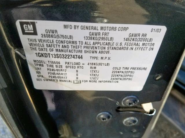 1GKDT13S032274744 - 2003 GMC ENVOY BLACK photo 10