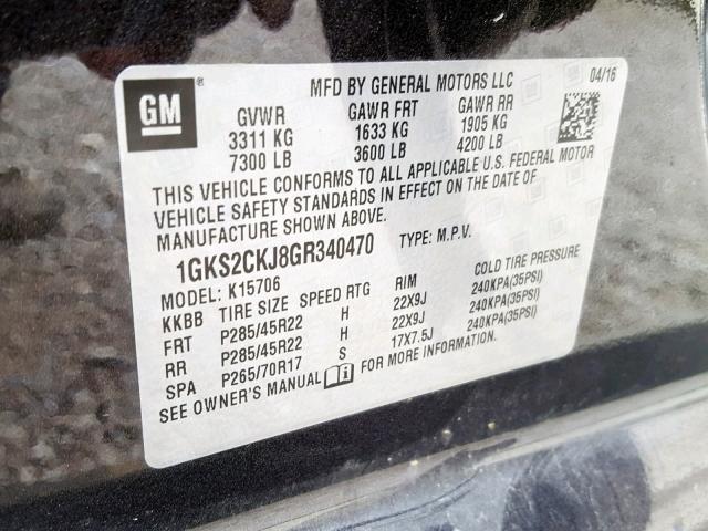 1GKS2CKJ8GR340470 - 2016 GMC YUKON DENA GRAY photo 10