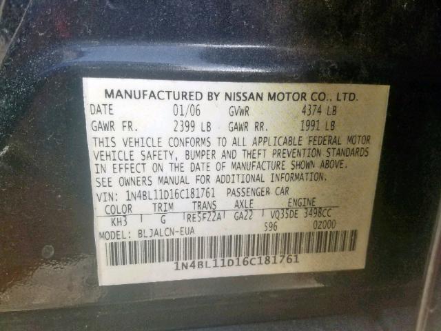 1N4BL11D16C181761 - 2006 NISSAN ALTIMA SE BLACK photo 10