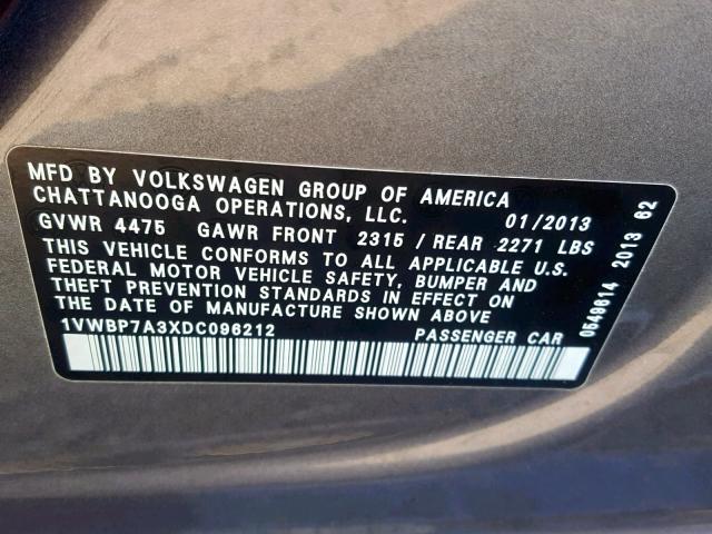 1VWBP7A3XDC096212 - 2013 VOLKSWAGEN PASSAT SE GRAY photo 10