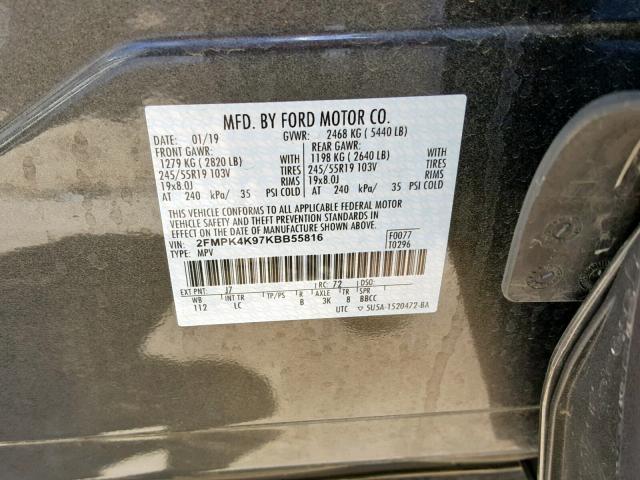 2FMPK4K97KBB55816 - 2019 FORD EDGE TITAN CHARCOAL photo 10