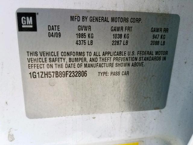 1G1ZH57B89F232806 - 2009 CHEVROLET MALIBU 1LT WHITE photo 10