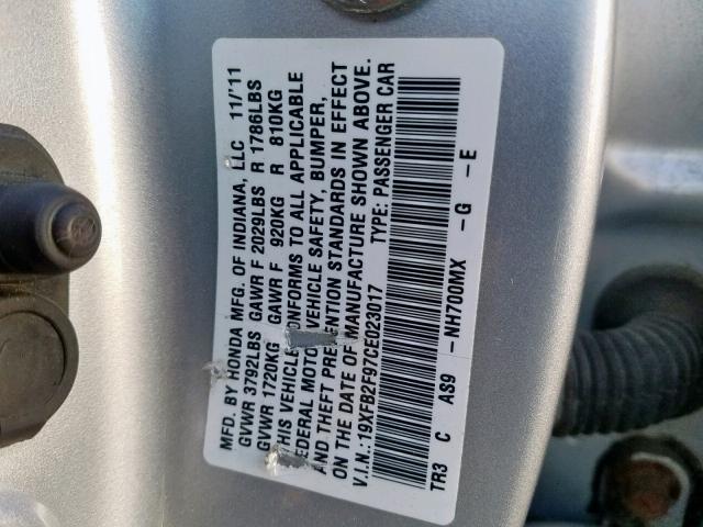 19XFB2F97CE023017 - 2012 HONDA CIVIC EXL 银色 照片 10