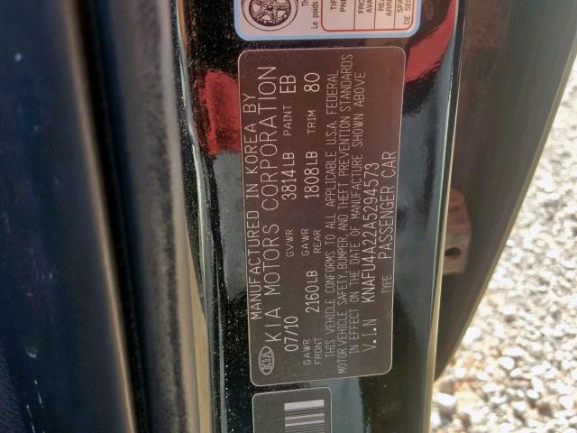 KNAFU4A22A5294573 - 2010 KIA FORTE EX BLACK photo 10