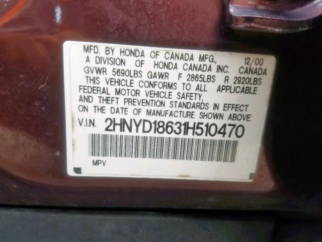 2HNYD18631H510470 - 2001 ACURA MDX TOURIN BURGUNDY photo 10