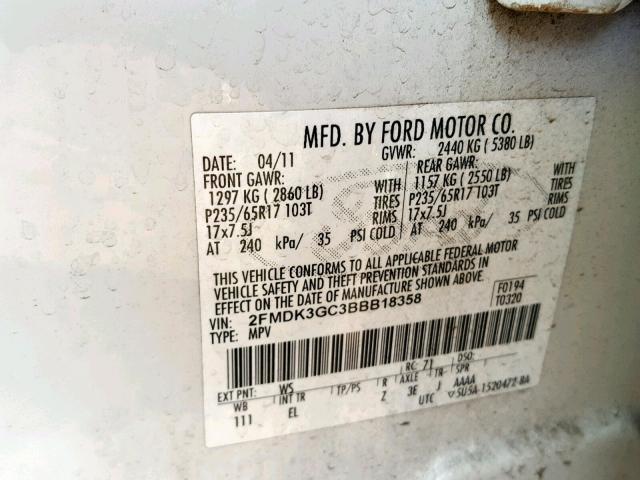 2FMDK3GC3BBB18358 - 2011 FORD EDGE SE WHITE photo 10