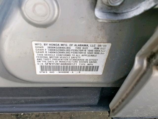 5FNYF28146B000121 - 2006 HONDA PILOT LX SILVER photo 10