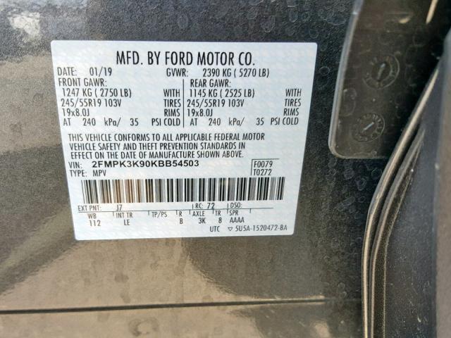 2FMPK3K90KBB54503 - 2019 FORD EDGE TITAN CHARCOAL photo 10