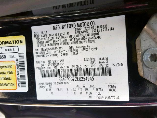 3FA6P0G72ER254945 - 2014 FORD FUSION S BLUE photo 10