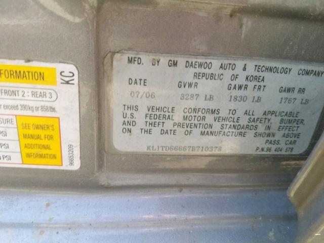 KL1TD66667B710378 - 2007 CHEVROLET AVEO BASE GRAY photo 10